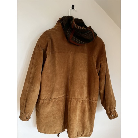 BT Ltd Jacket Mens Large Suede + Aztec Southwest Hood Lined Car Coat Vintage - Picture 2 of 16